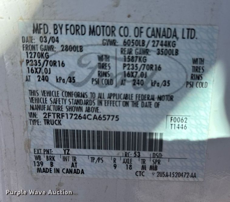 image for item EG6198 2004 Ford F150 XL pickup truck