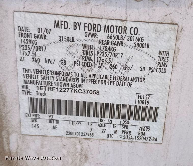 image for item EG6199 2007 Ford F150 XL pickup truck