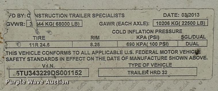 image for item EJ8654 2013 Construction Specialists Trailers HRD 32 end dump trailer