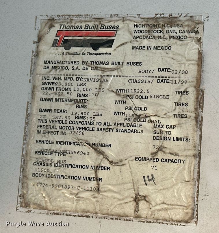 image for item EK0445 1998 International Thomas Built school bus