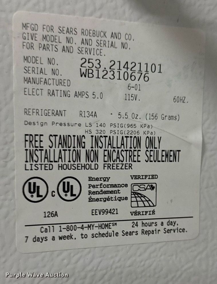 image for item EM3845 Kenmore 253.21421101 freezer