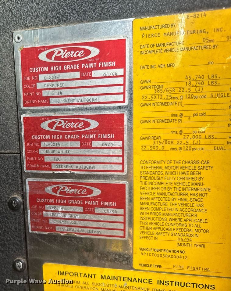 image for item EQ1310 1994 Pierce pumper fire truck