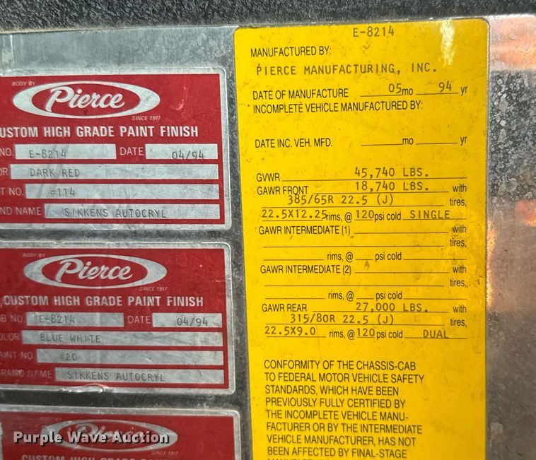 image for item EQ1310 1994 Pierce pumper fire truck