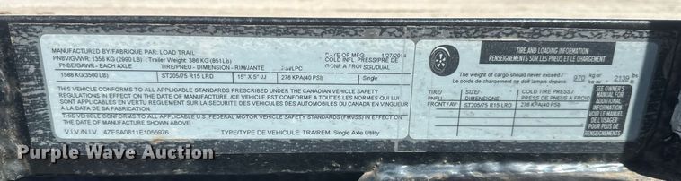 image for item ER5208 2014 Load Trail utility trailer