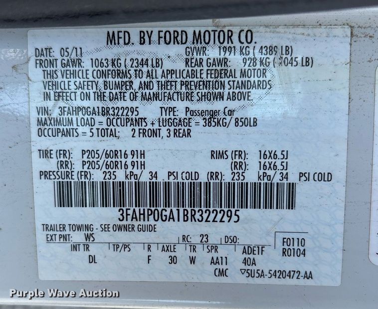 image for item OB9660 2011 Ford Fusion 