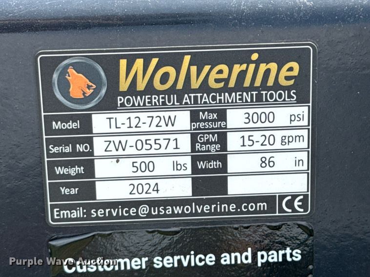 image for item DO0845 2024 Wolverine TL-12-72W skid steer tiller
