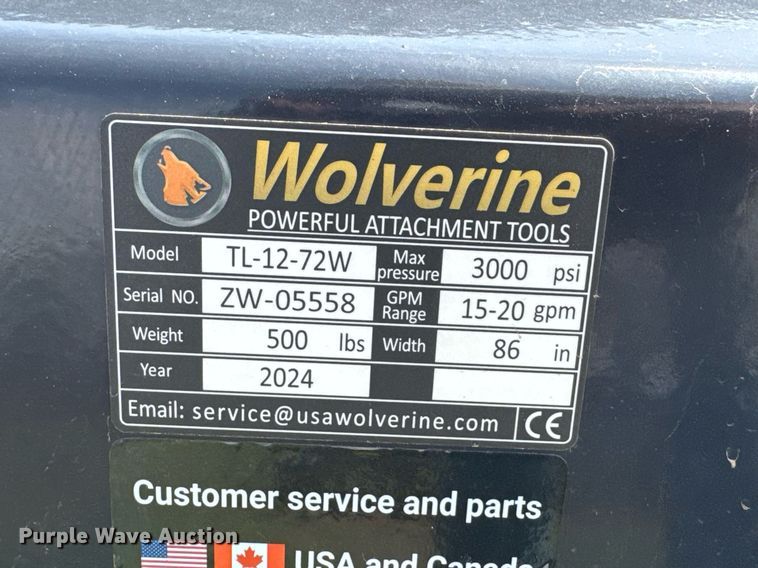 image for item DO0847 2024 Wolverine TL-12-72W skid steer tiller