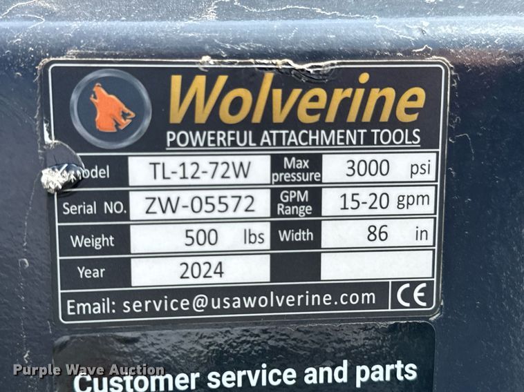 image for item DO0850 2024 Wolverine TL-12-72W skid steer tiller