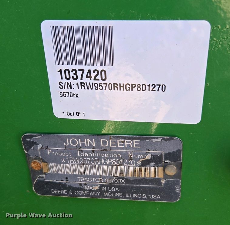 image for item DW1907 2016 John Deere 9570RX 4WD tractor