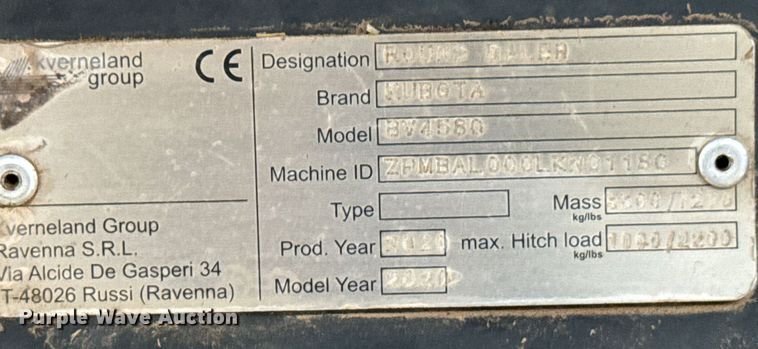 image for item EG6265 2020 Kubota BV4580 round baler