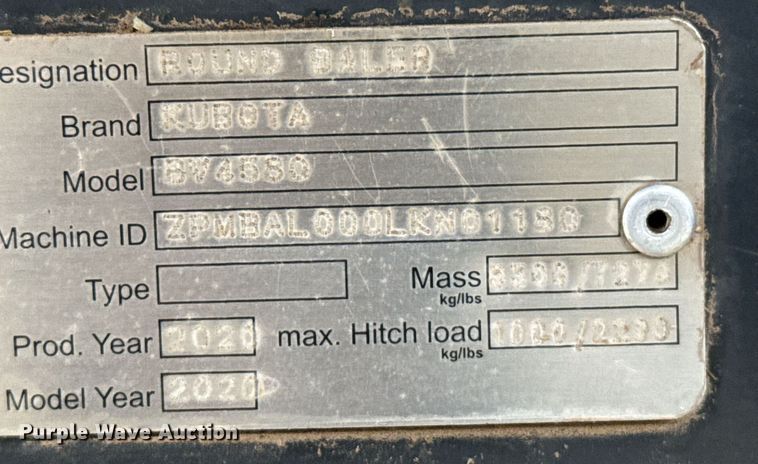 image for item EG6265 2020 Kubota BV4580 round baler