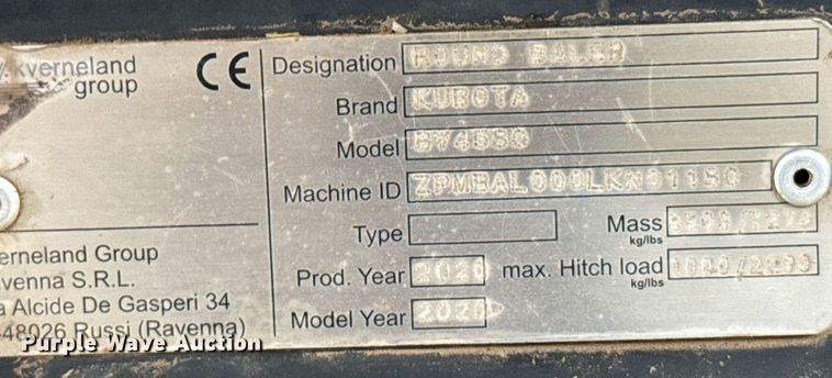 image for item EG6265 2020 Kubota BV4580 round baler
