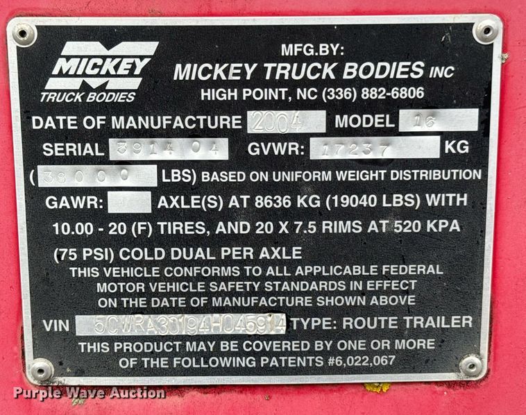 image for item DO0734 2004 Mickey Truck Bodies 16 delivery trailer