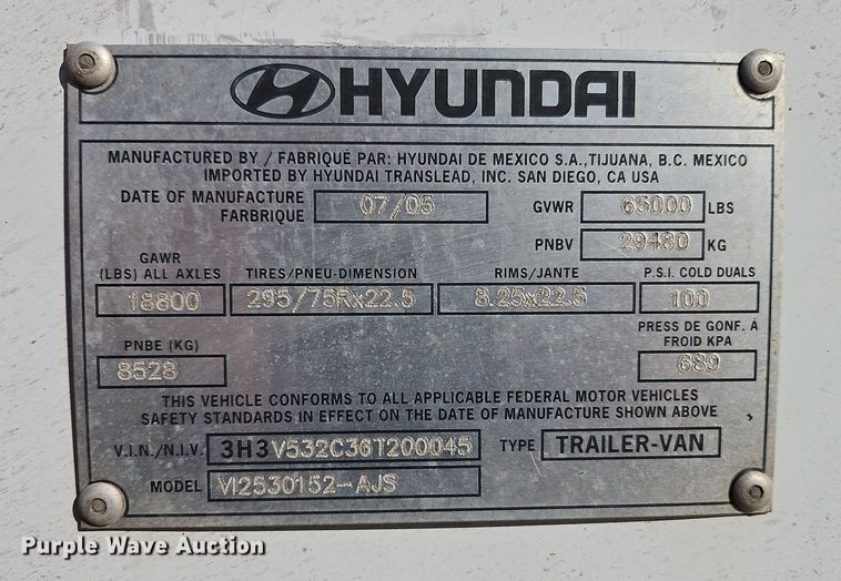 image for item DT7621 2006 Hyundai V12530152-AJS dry van trailer