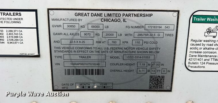 image for item DU3437 2017 Great Dane CCC-3314-01053 dry van trailer