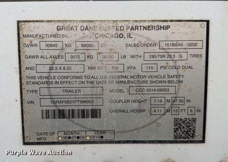 image for item DU3438 2015 Great Dane CCC-3314-09053 dry van trailer