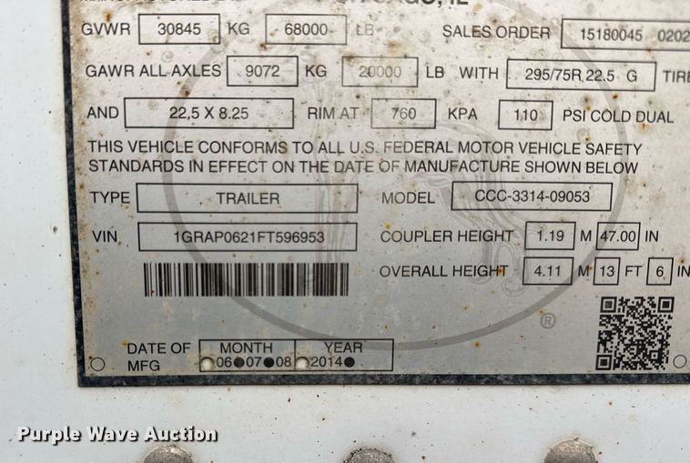 image for item DU3438 2015 Great Dane CCC-3314-09053 dry van trailer