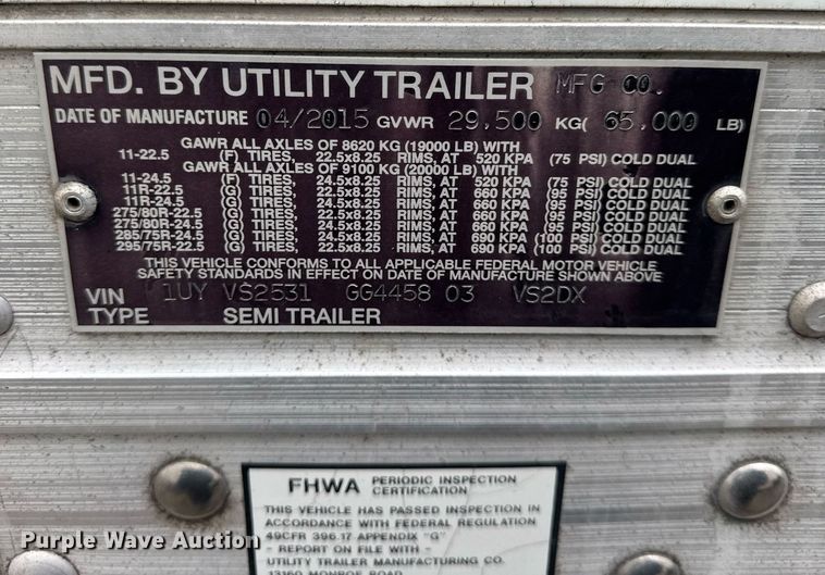 image for item DU3441 2016 Utility VS2DX dry van trailer