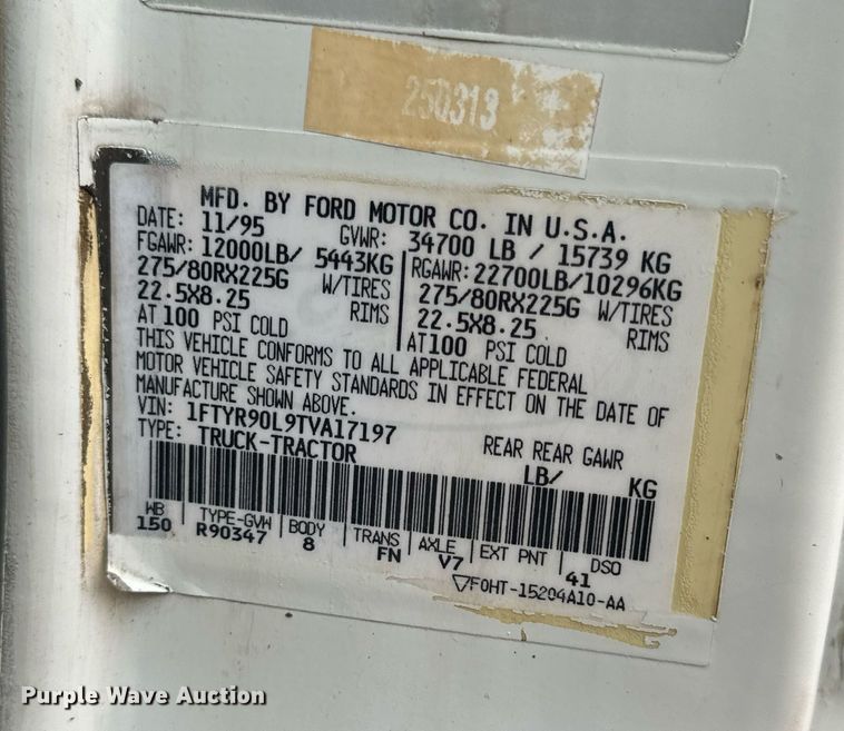 image for item DV1884 1994 Ford L9000 truck cab and chassis