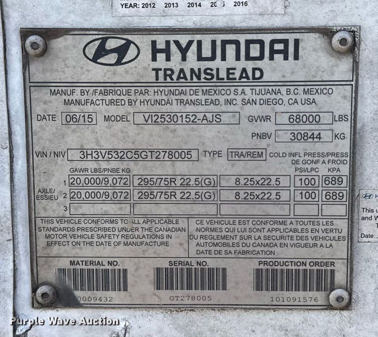 image for item EG6380 2016 Hyundai VI2530152-AJS dry van trailer