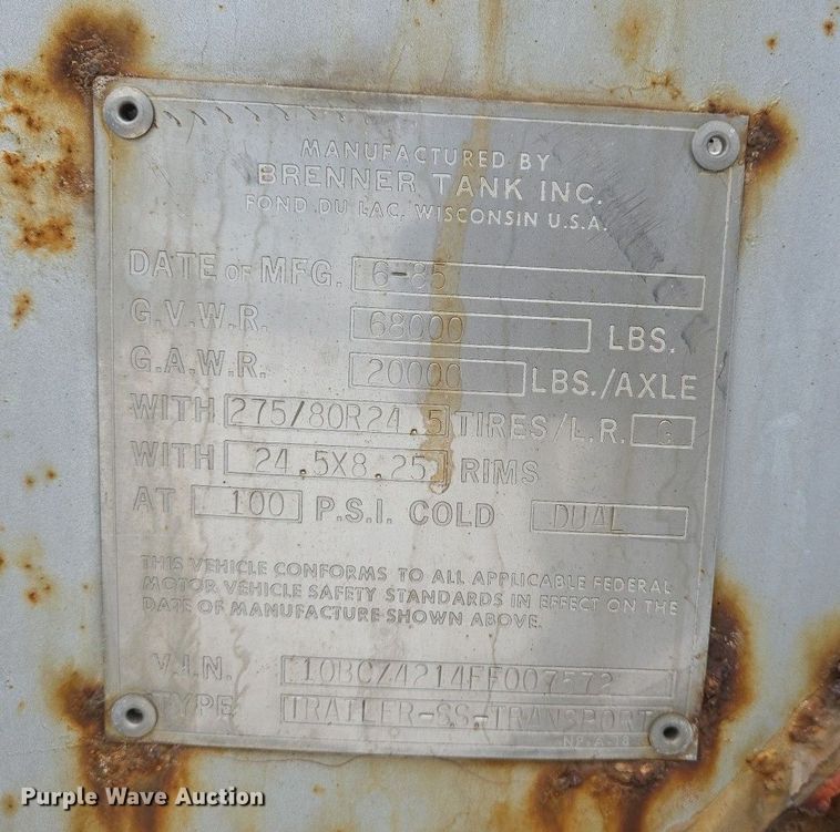 image for item EJ7438 1985 Brenner tank trailer