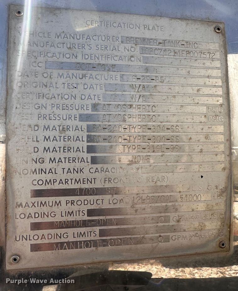 image for item EJ7438 1985 Brenner tank trailer