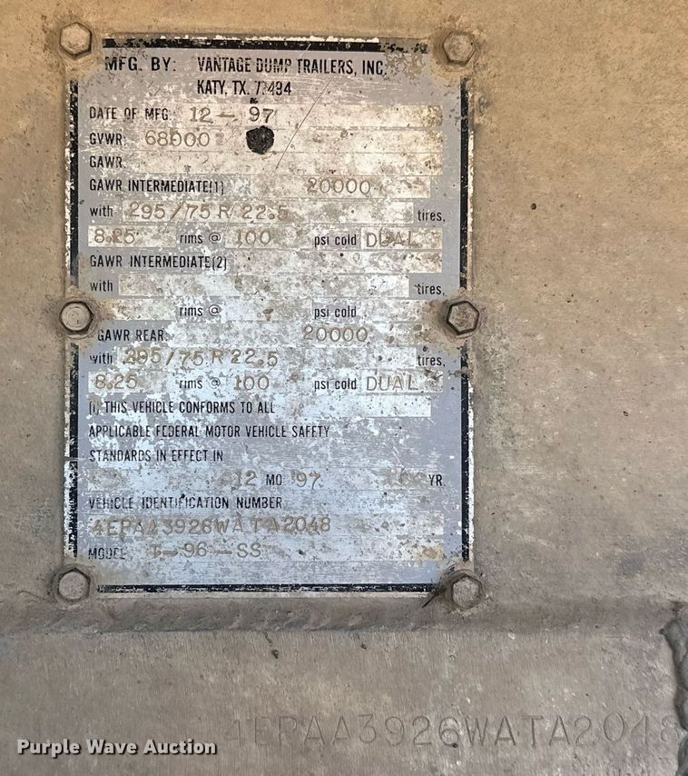 image for item EJ8630 1998 Vantage T-96-SS end dump trailer