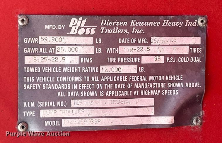 image for item EK2917 2007 Dierzen Kewanee Heavy Ind. Trailers, Inc. Pit Boss TA23QE963SP end dump trailer