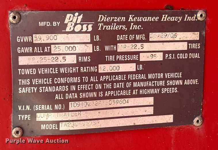 image for item EK2918 2007 Dierzen Kewanee Heavy Ind. Trailers, Inc. Pit Boss TA23QF963SR end dump trailer