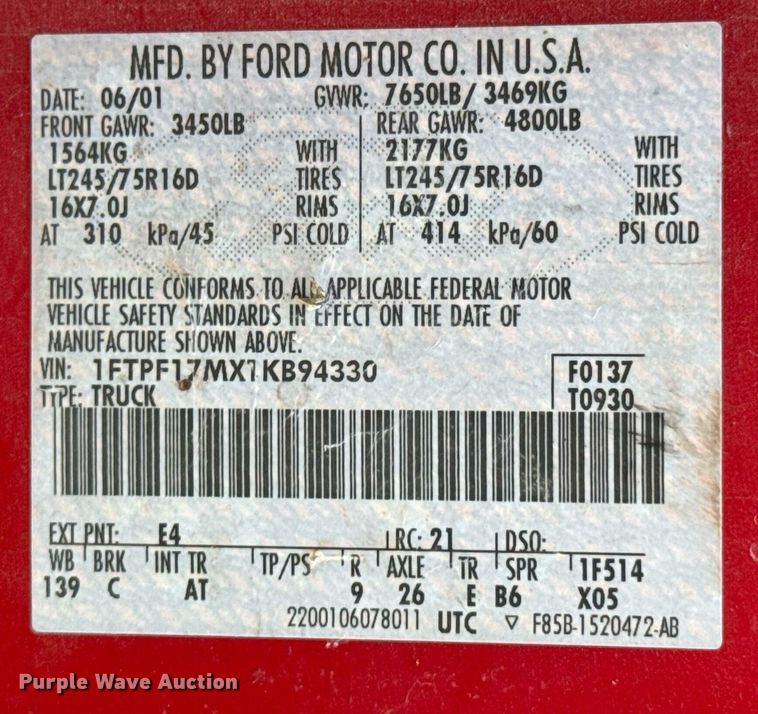 image for item DO0951 2001 Ford F150 pickup truck