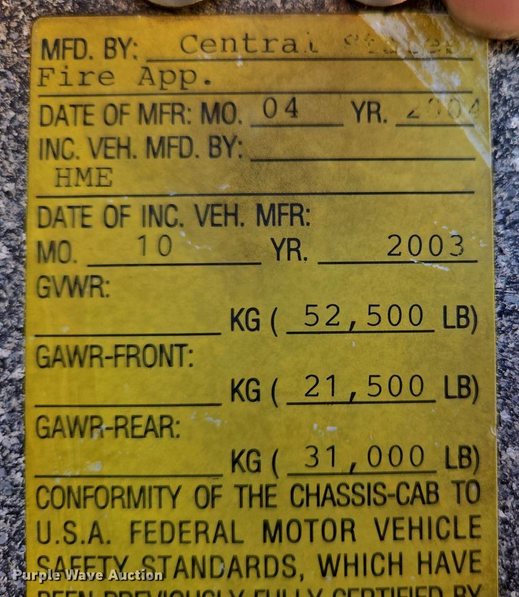 image for item DP6326 2003 HME Central States Fire Apparatus ladder fire truck