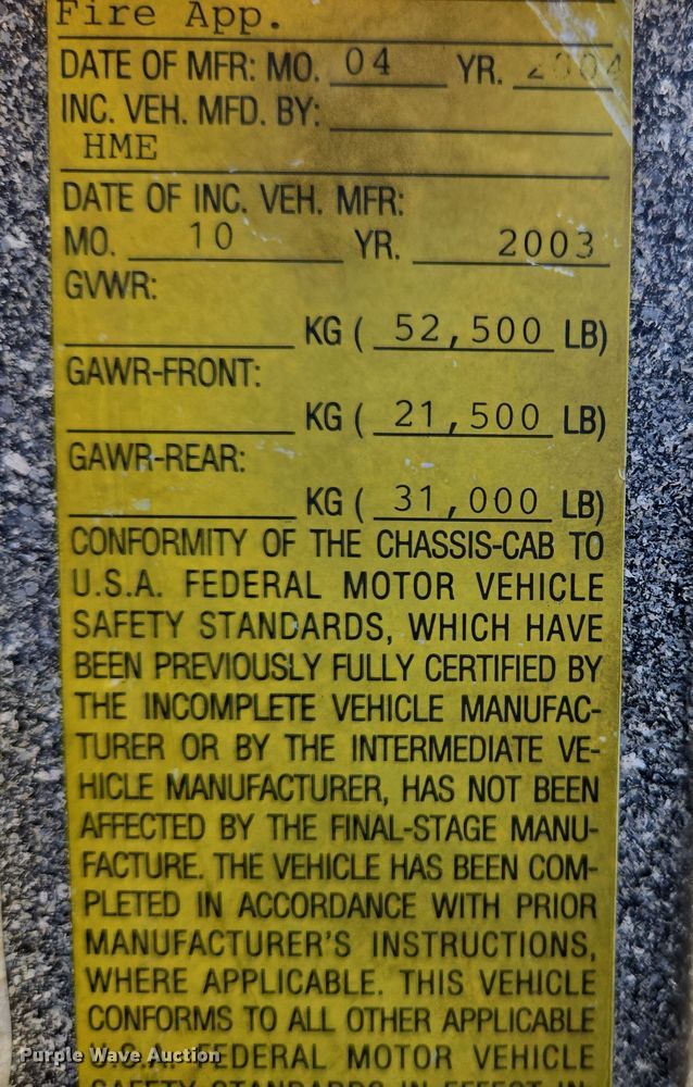 image for item DP6326 2003 HME Central States Fire Apparatus ladder fire truck