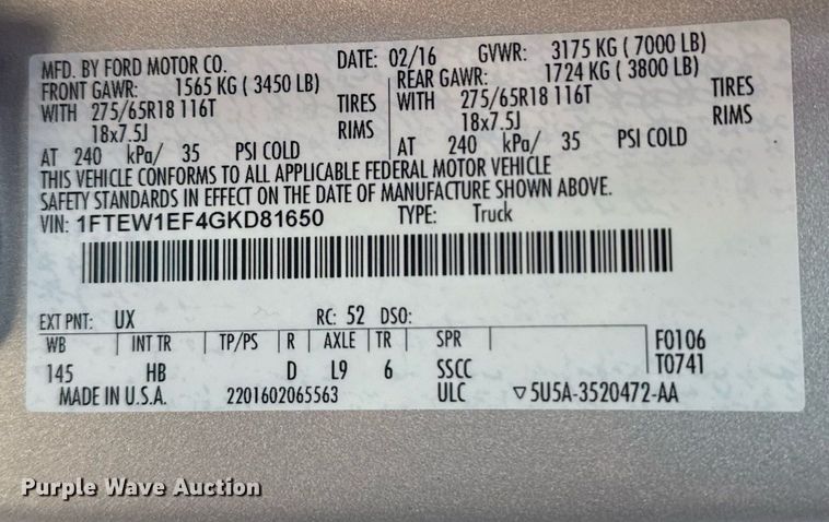 image for item DS3698 2016 Ford F150 Lariat  SuperCrew pickup truck