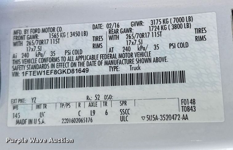 image for item DS3700 2016 Ford F150 XLT SuperCrew pickup truck