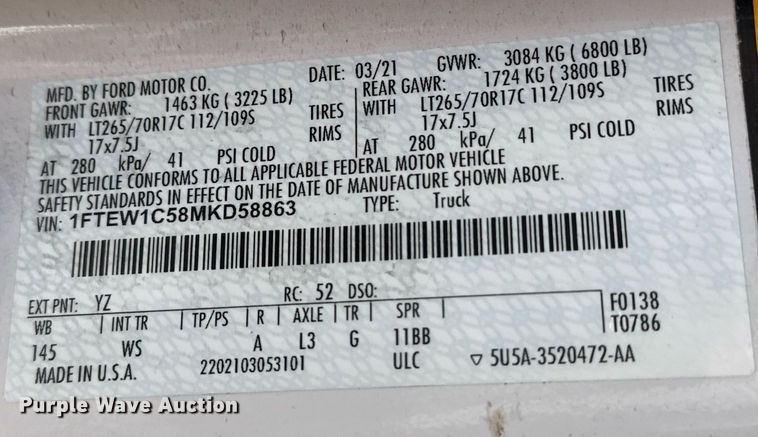 image for item DS3705 2021 Ford F150 XL SuperCrew pickup truck