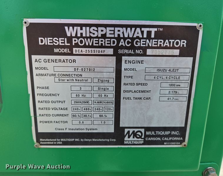 image for item DT4818 2016 Multiquip Power WhisperWatt DCA-25SSIU4F generator