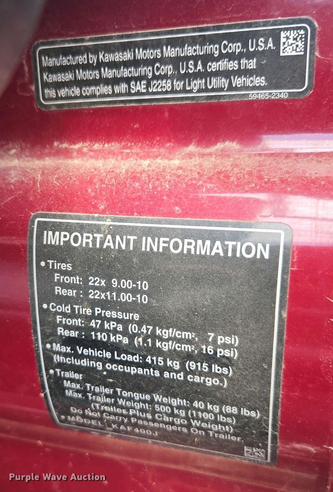 image for item EC0955 2019 Kawasaki Mule KAF400J utility vehicle