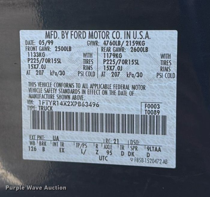 image for item EC3545 1999 Ford Ranger SuperCab pickup truck