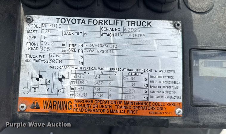 image for item EC3547 Toyota 8FGU18 forklift