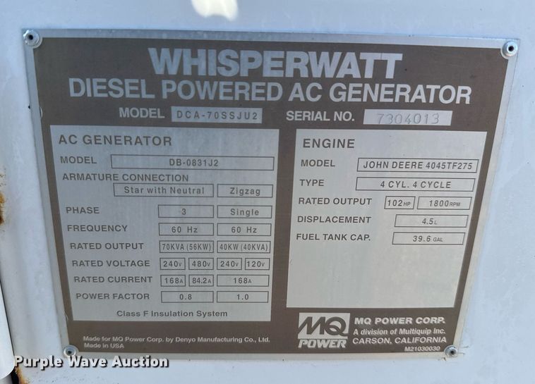 image for item EG5751 MulitQuip DCA-70SSJU2 generator