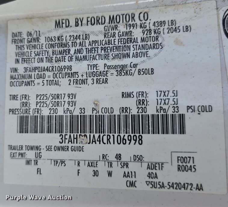 image for item EH8895 2012 Ford Fusion SEL 