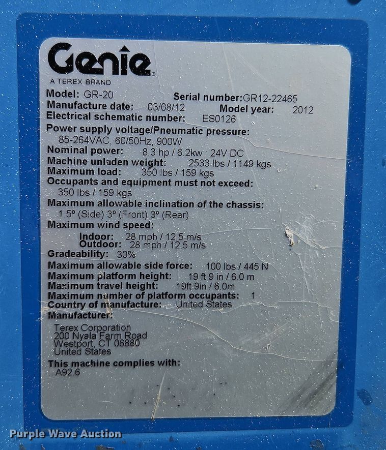 image for item EI8975 2012 Genie GR-20 vertical lift