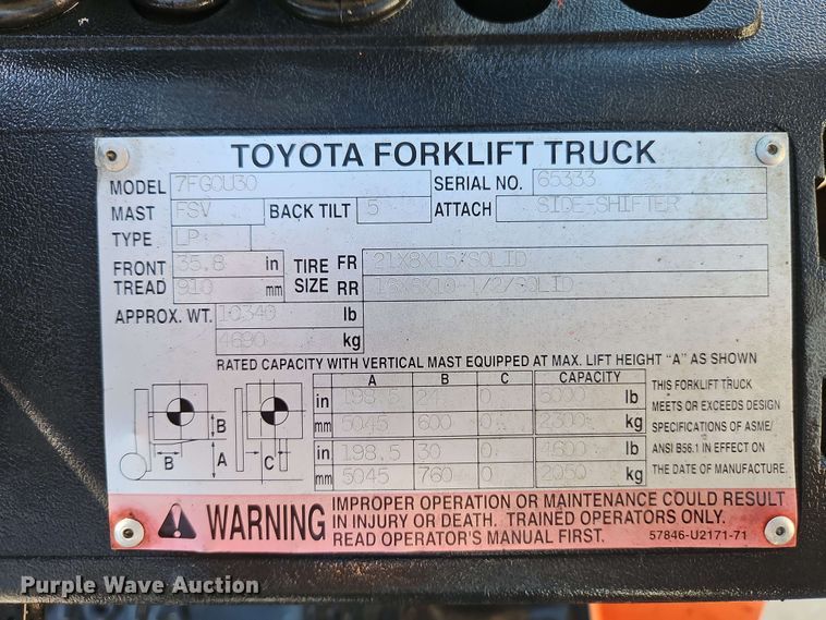 image for item EJ0018 2004 Toyota 7FGOU30 forklift
