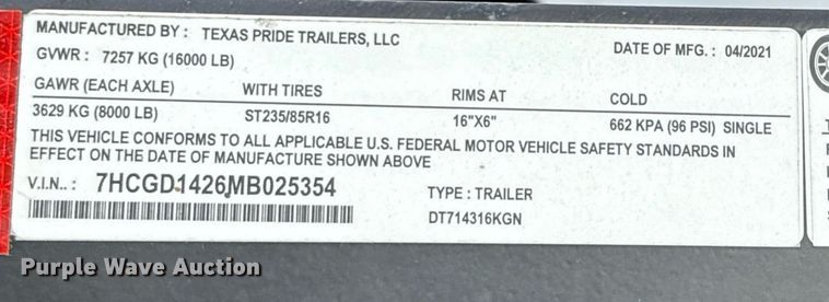 image for item EJ3668 2021 Texas Pride DT714316KGN dump trailer