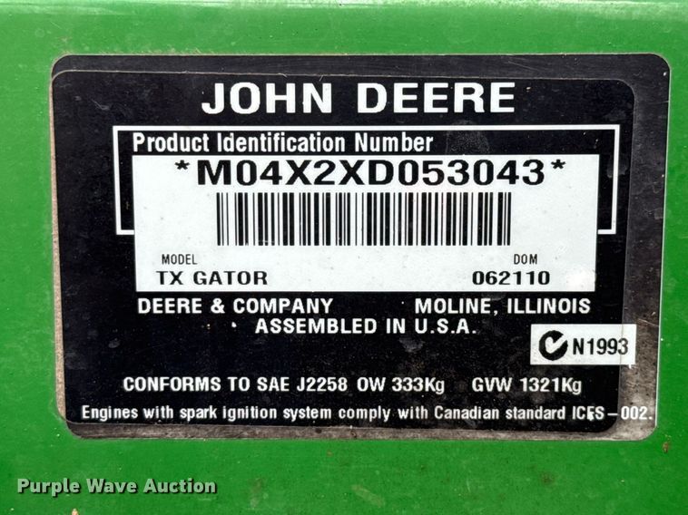 image for item EJ3670 2010 John Deere TX Gator utility vehicle
