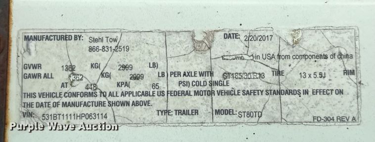 image for item EJ3681 2017 Stehl Tow ST80TD car dolly