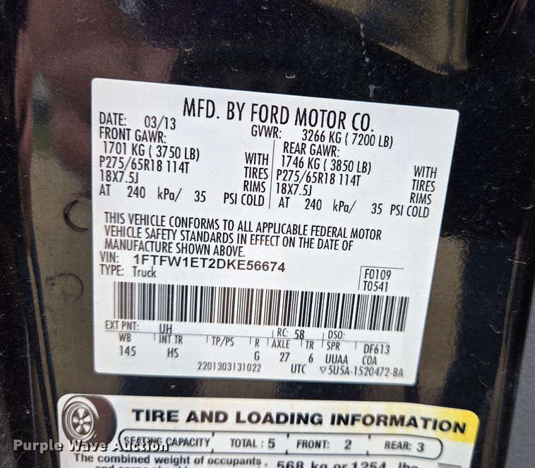 image for item EJ7489 2013 Ford F150 Lariat  SuperCrew pickup truck