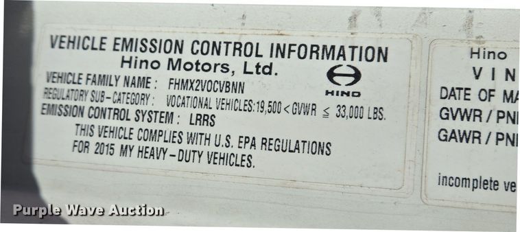 image for item EJ7495 2015 Hino 268 box truck