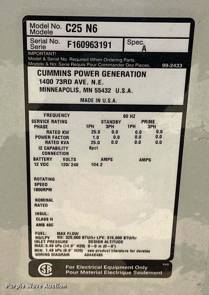 image for item EJ8669 2016 Cummins C25 N6 generator