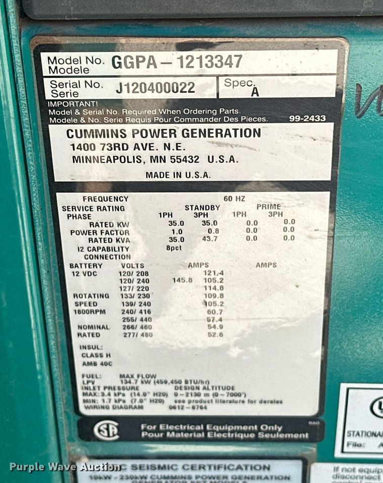 image for item EJ8671 2012 Cummins GGPA-1213347 generator